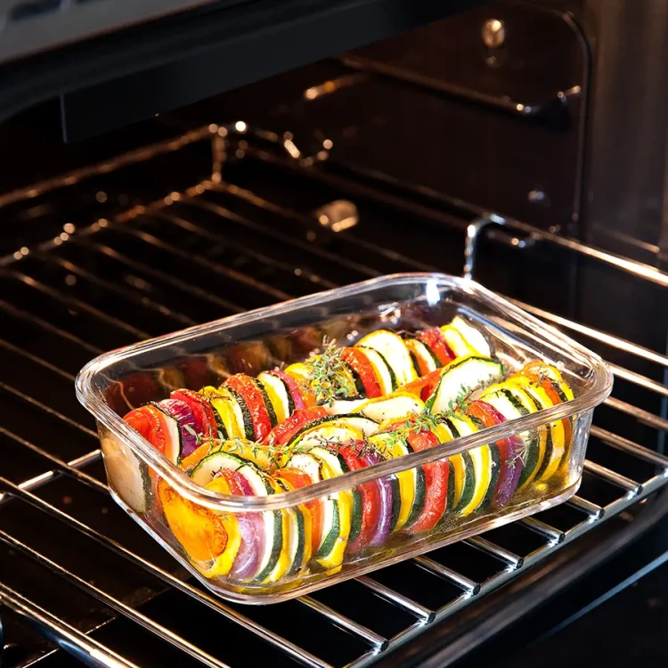 Przezroczysty,-prostokatny-pojemnik-o-pojemnosci-0,9-litra-z-gladkiego-szkla,-ustawiony-na-metalowej-kratce-w-piekarniku,-wypelniony-kolorowymi-warzywami-pokrojonymi-w-plastry,-widok-z-przodu-lekko-z-gory..webp