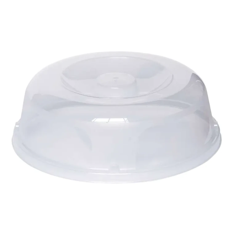 Okrągła, transparentna przykrywa z tworzywa sztucznego o gładkiej powierzchni, widok z boku; lekko wypukły kształt i delikatnie zaznaczony rant u podstawy.