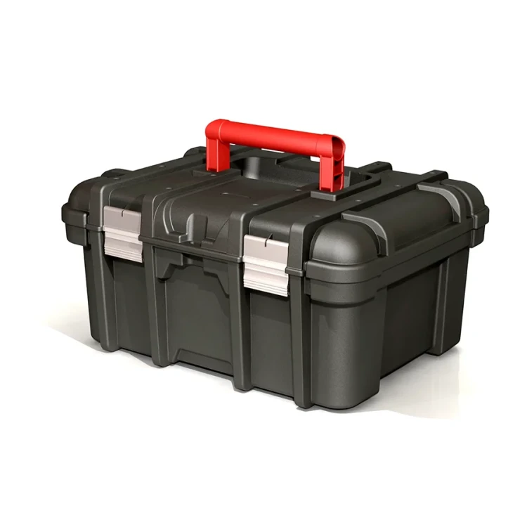 Widok z przodu na zamkniętą czarną skrzynkę narzędziową z tworzywa sztucznego, z czerwonym uchwytem i dwoma srebrnymi zatrzaskami zabezpieczającymi pokrywę.