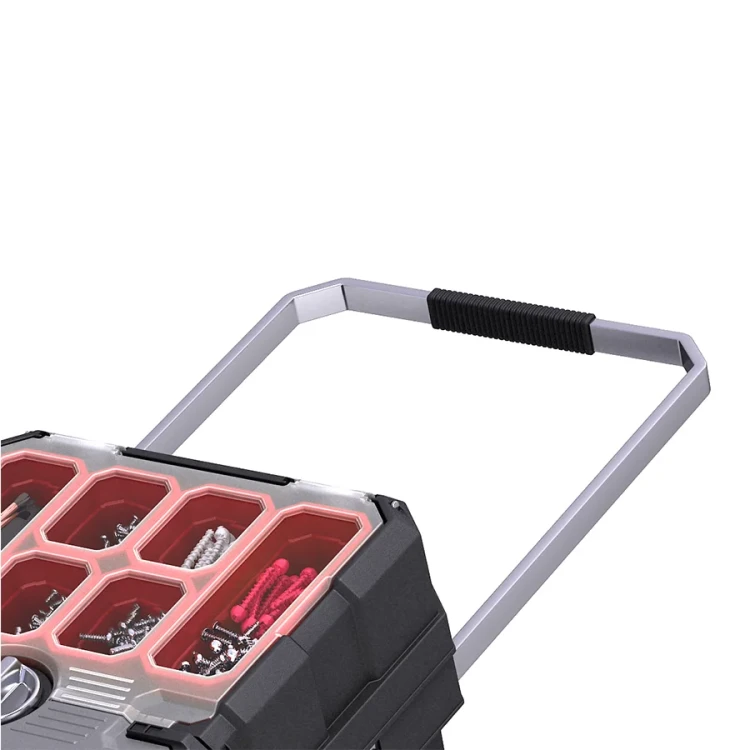 Wysunięta teleskopowa rączka aluminiowa z czarnym uchwytem, zamontowana na górze skrzynki narzędziowej.