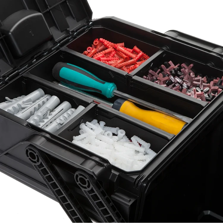 Skrzynka otwarta, w przegrodach posegregowane kołki rozporowe w różnych kolorach oraz dwa śrubokręty; widok z góry.