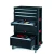 Wysoki, złożony z kilku modułów regał na kółkach z częściowo wysuniętymi szufladami wypełnionymi narzędziami.