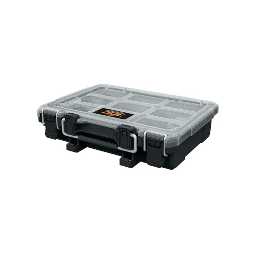 Niski organizer z przezroczystą pokrywą, wykonany z ciemnego tworzywa, widok z przodu, uchwyt na środku i dwa zatrzaski po bokach.